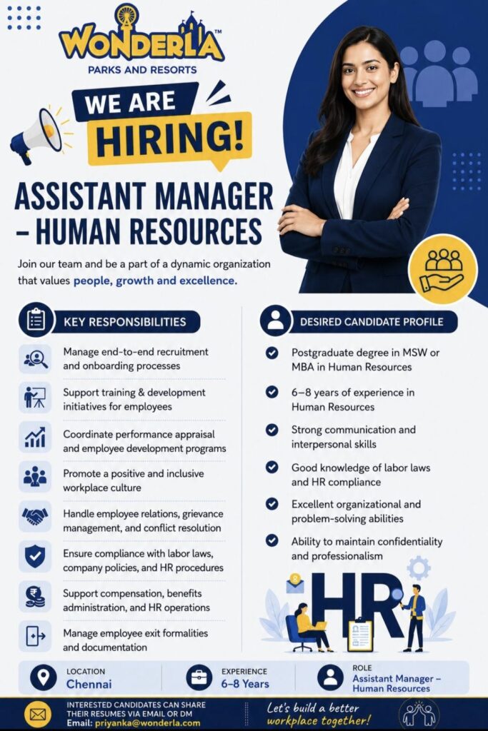 Wonderla Parks & Resorts Recruitment – Assistant Manager Human Resources | Apply via Email