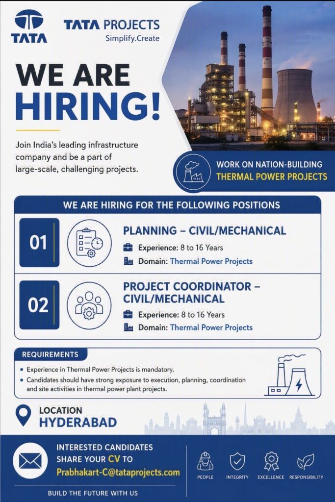 Tata Projects Recruitment| Planning & Project Coordinator Jobs for Thermal Power Projects | Apply Now