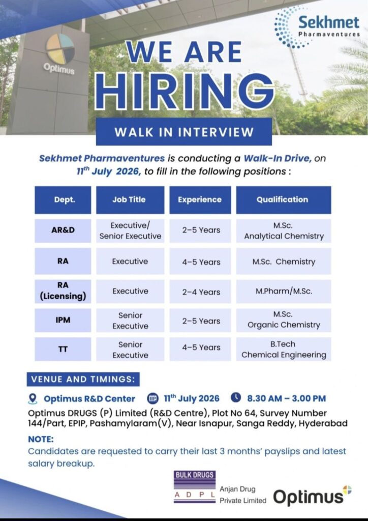 Sekhmet Pharmaventures Walk-In Interview| AR&D, RA, IPM & TT Executive Jobs | 11 July 2026