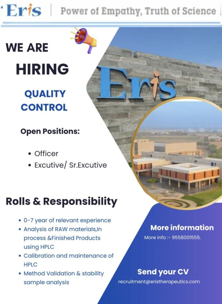 Eris Therapeutics Hiring – Quality Control (QC) Officer & Executive | Apply Now