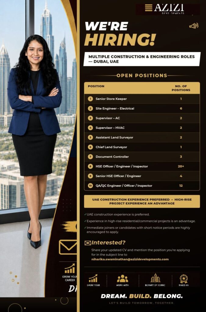 Azizi Developments Recruitment: Multiple Construction & Engineering Job Openings in Dubai, UAE