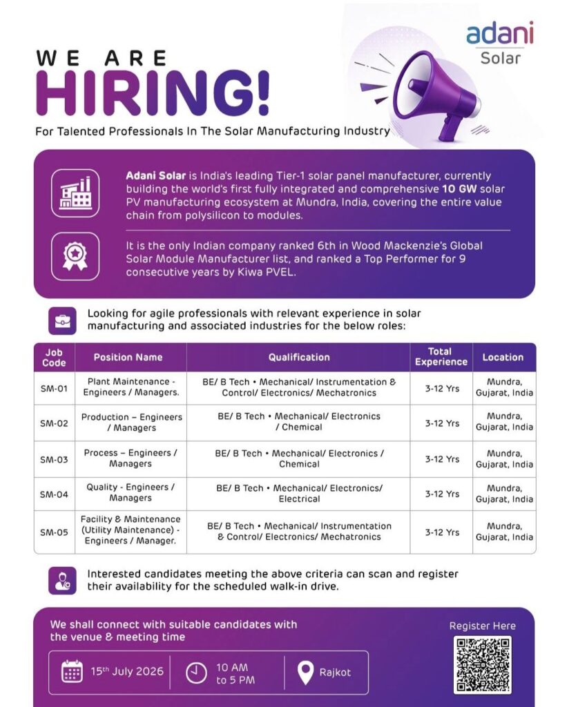 Adani Solar Recruitment: Walk-In Drive for Engineers and Managers in Solar Manufacturing