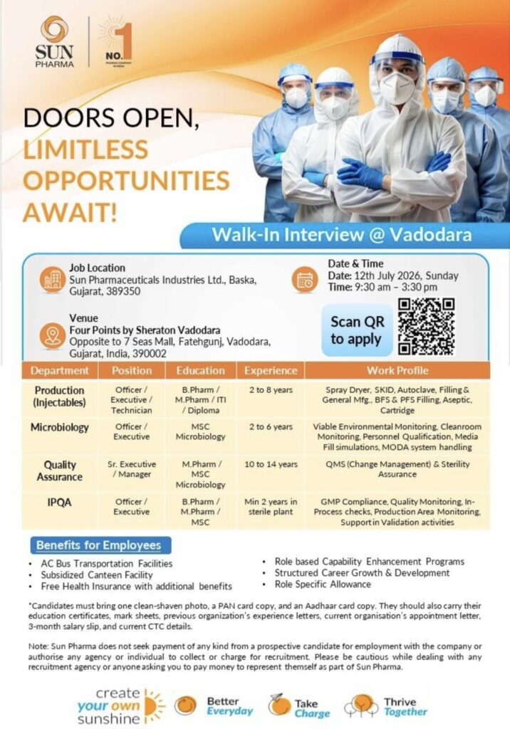 Sun Pharma Walk-In Interview in Vadodara: Production, Microbiology, Quality Assurance & IPQA Jobs