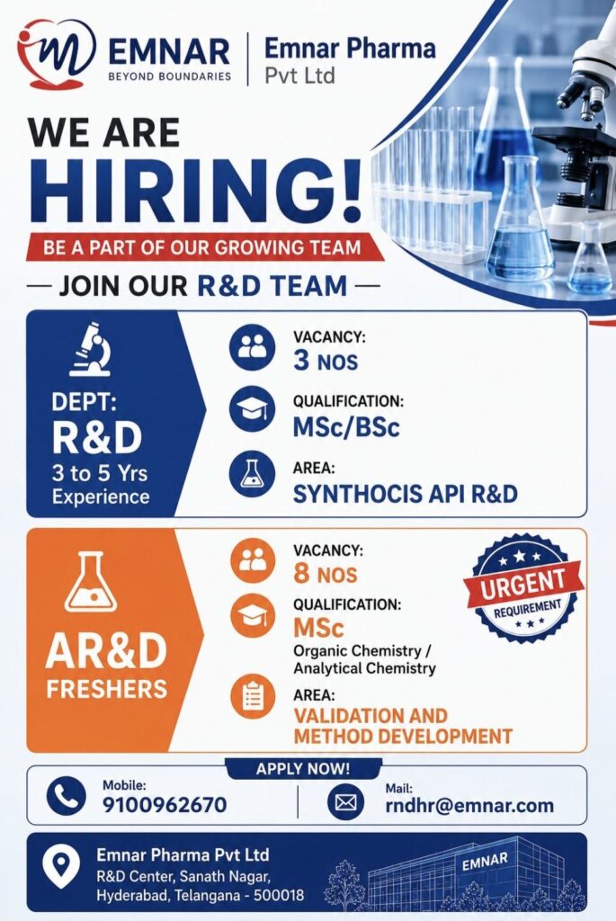 Emnar Pharma Recruitment| R&D & AR&D Freshers Hiring | MSc/BSc Jobs in Hyderabad