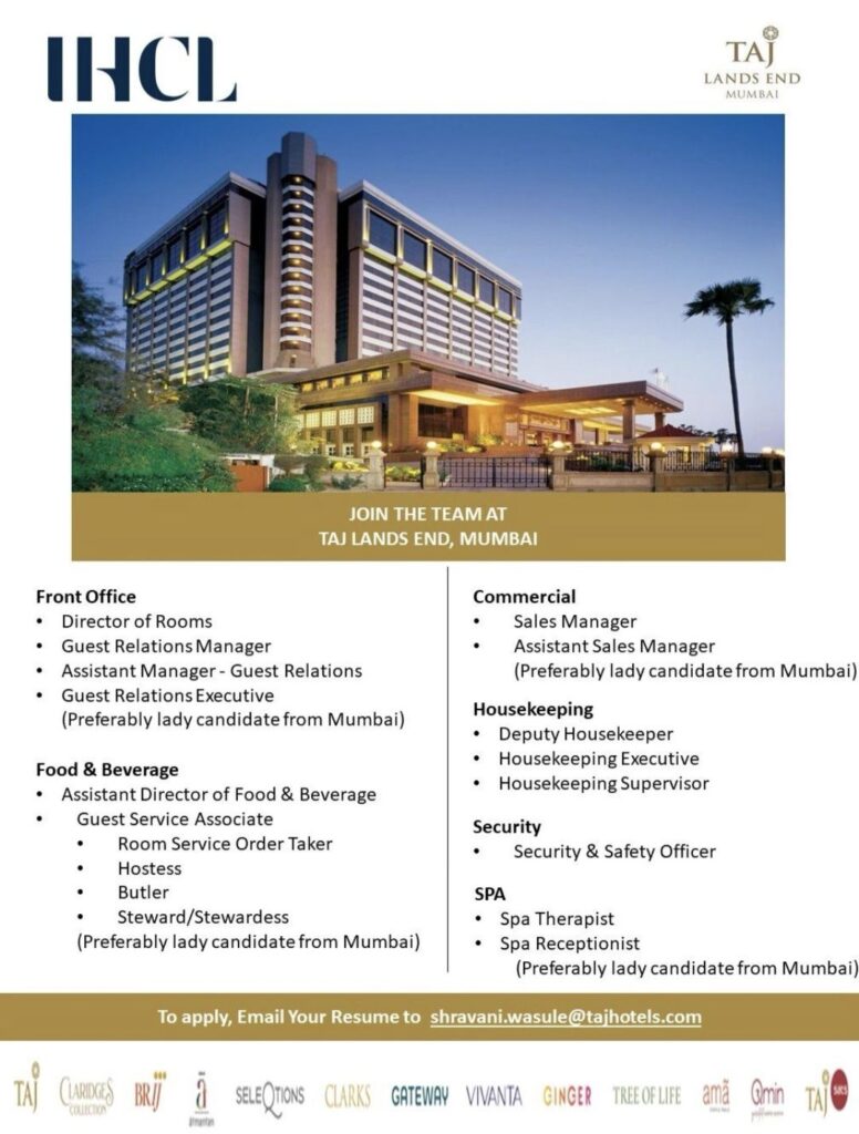 Taj Lands End Mumbai Recruitment: Multiple Job Openings in Front Office, F&B, Commercial, Housekeeping, Security & SPA