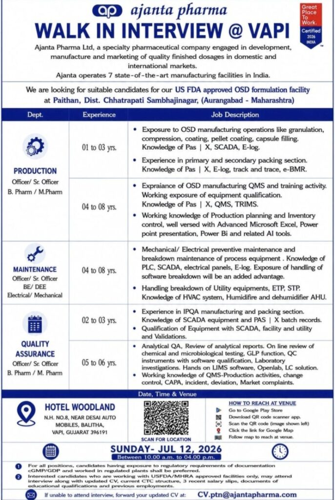 Ajanta Pharma Walk-In Interview at Vapi: Recruitment for Production, Maintenance & Quality Assurance Departments