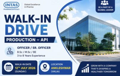 Intas Pharmaceuticals Walk-In Drive at Ankleshwar: Production – API Jobs for B.Sc, M.Sc & BE Candidates