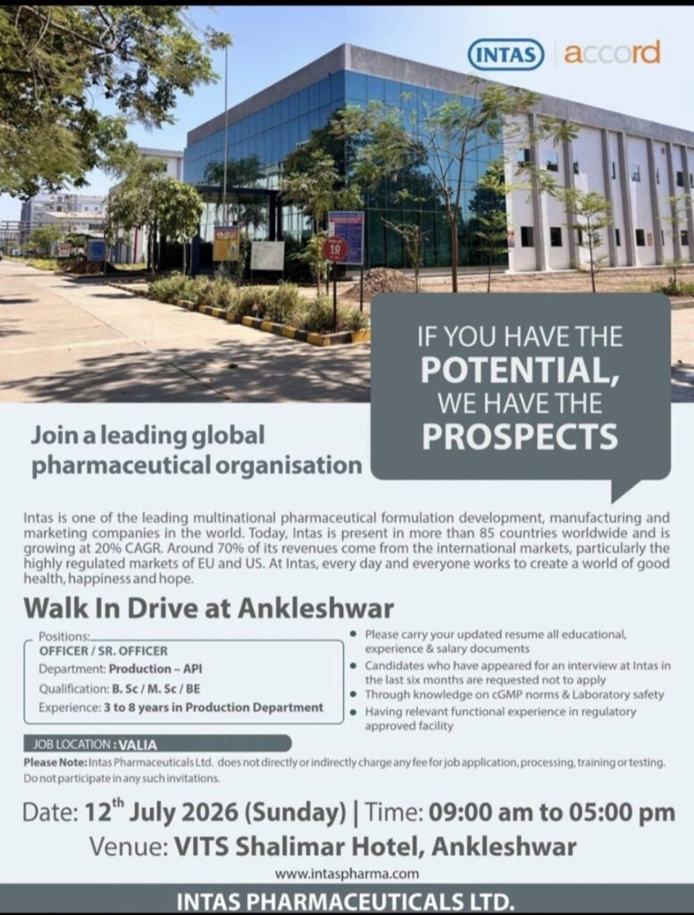 Intas Pharmaceuticals Walk-In Drive at Ankleshwar: Production – API Jobs for B.Sc, M.Sc & BE Candidates