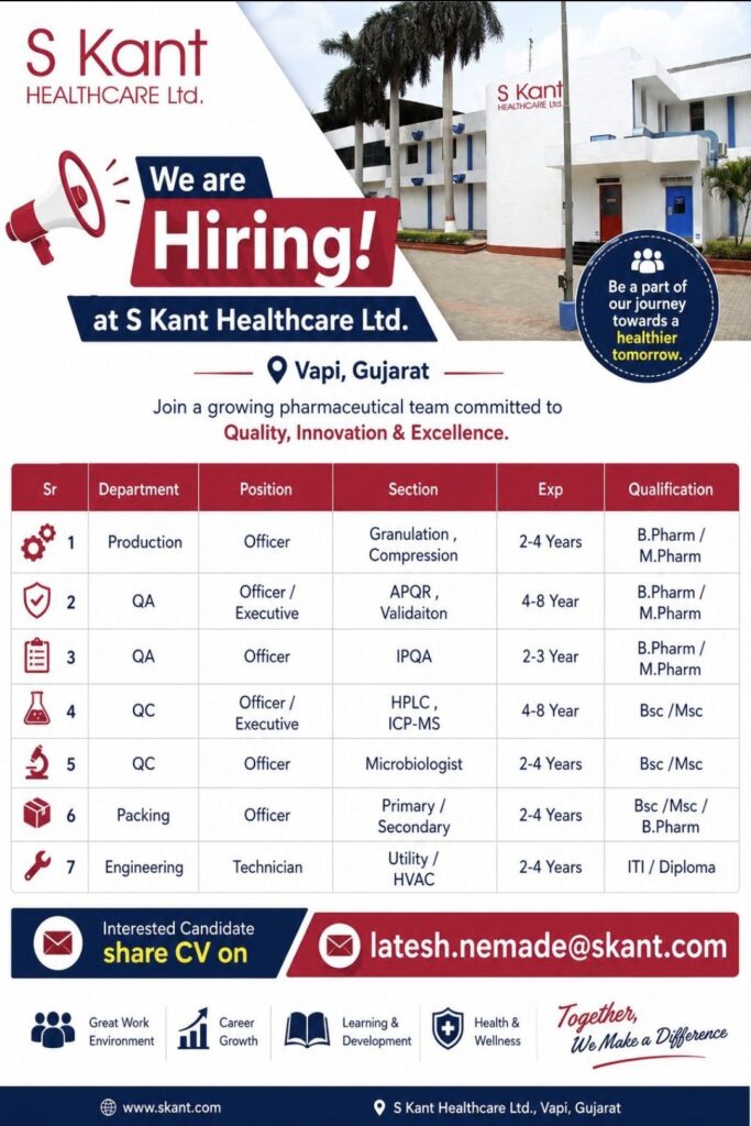 S Kant Healthcare Ltd Recruitment: Openings in Production, QA, QC, Packing & Engineering