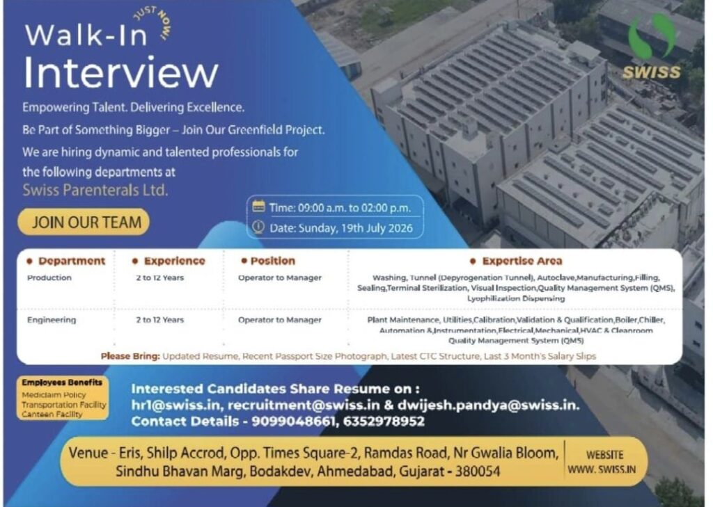 Swiss Parenterals Walk-In Interview: Production & Engineering Jobs in Ahmedabad