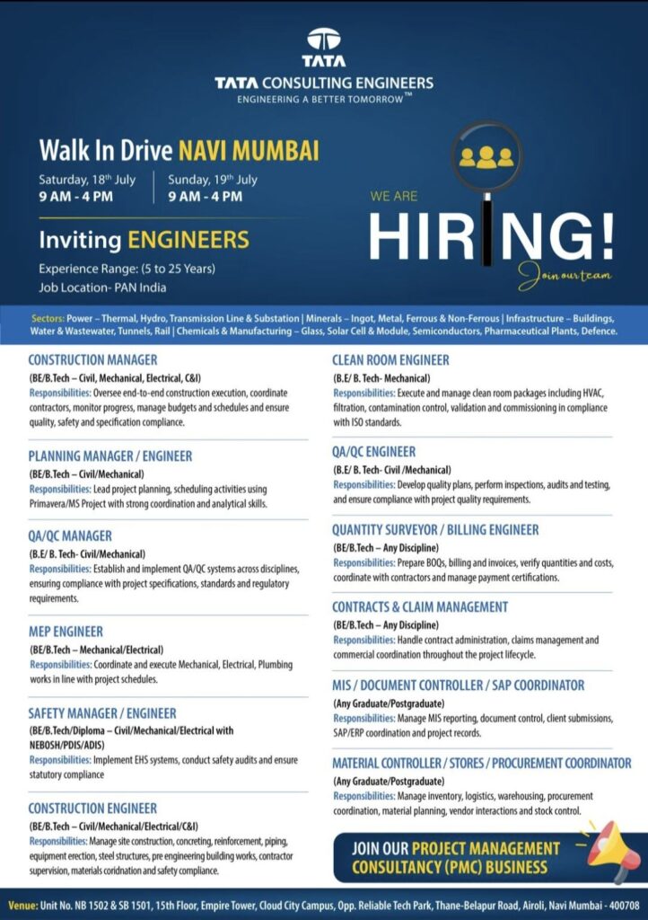 Tata Consulting Engineers Walk-In Drive in Navi Mumbai: Multiple Engineering & Project Management Opportunities