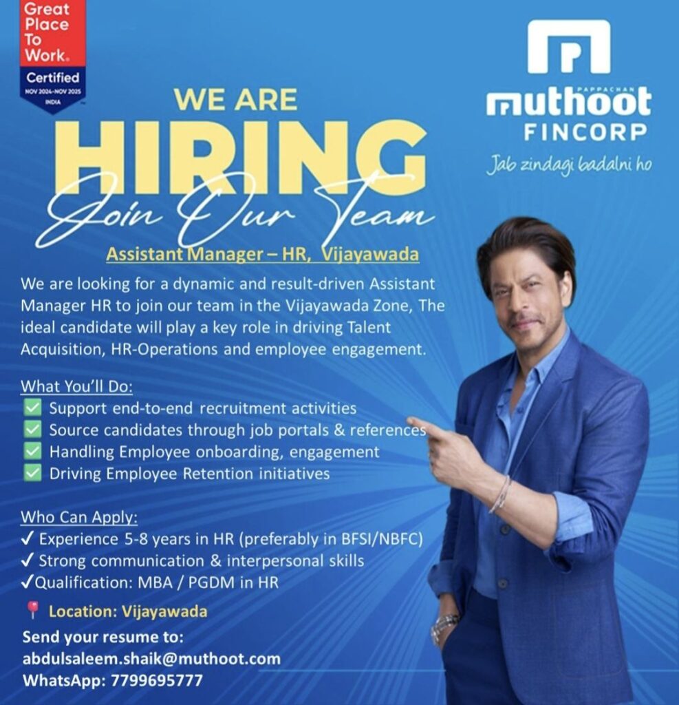 Muthoot Fincorp Recruitment – Assistant Manager HR Vacancy in Vijayawada | Apply Now