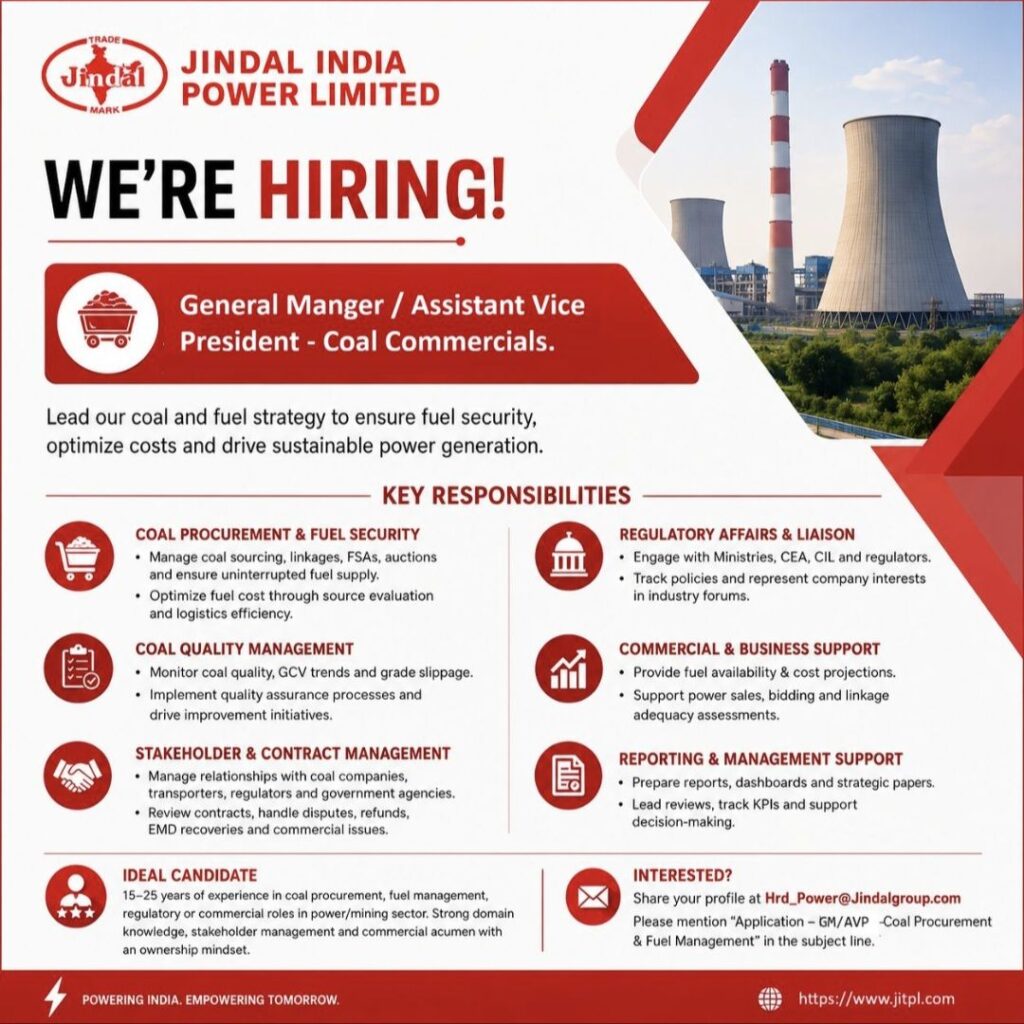 Jindal India Power Limited Recruitment – General Manager / Assistant Vice President (Coal Commercials)