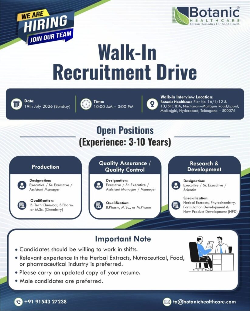 Botanic Healthcare Walk-In Recruitment Drive | Production, QA, QC & R&D Jobs | Walk-In on 19th July 2026
