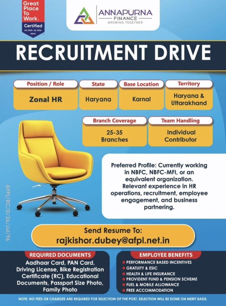 Annapurna Finance Recruitment Drive – Zonal HR Vacancy for Haryana & Uttarakhand | Apply Now