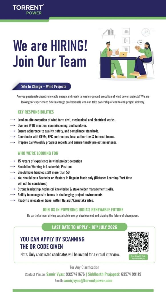 Torrent Power Recruitment– Hiring Site In Charge (Wind Projects) | Apply Before 18 July 2026
