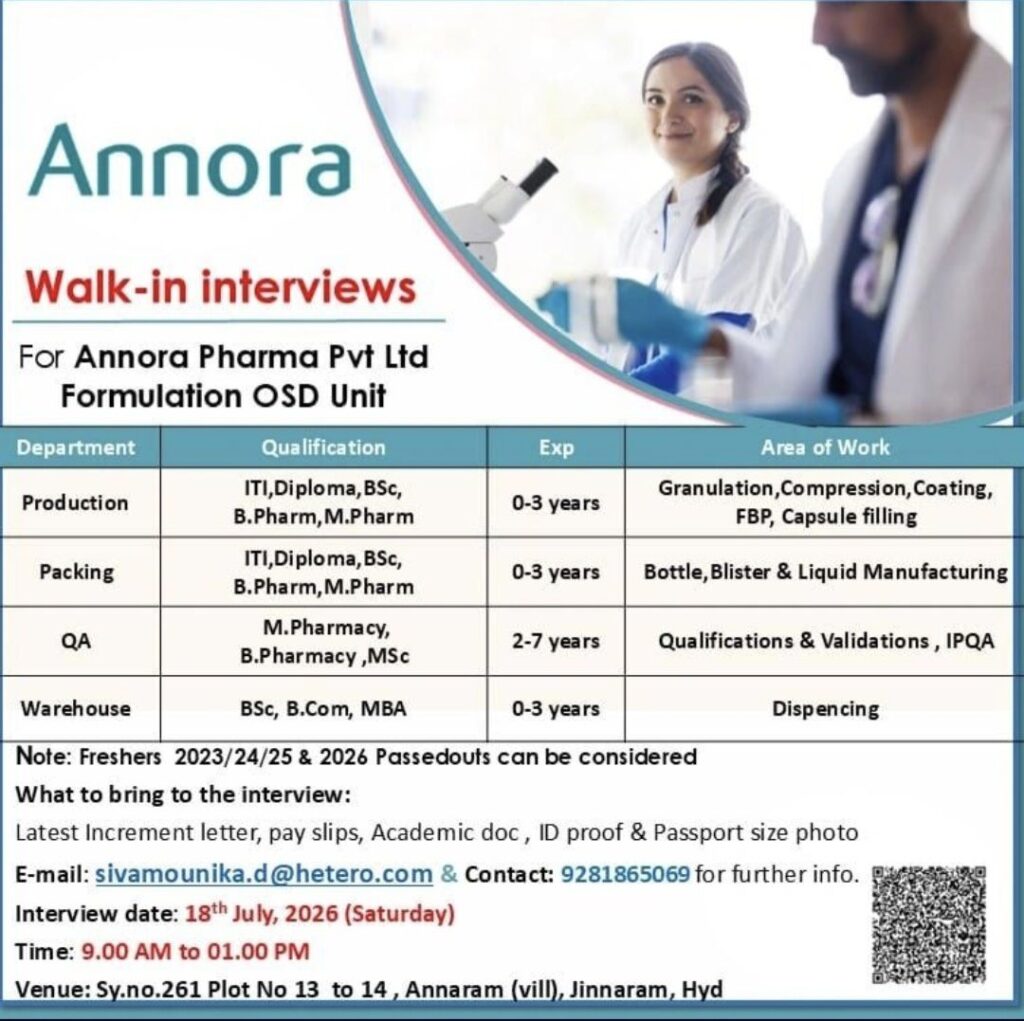 Annora Pharma Walk-In Interview for Production, Packing, QA & Warehouse | Freshers & Experienced