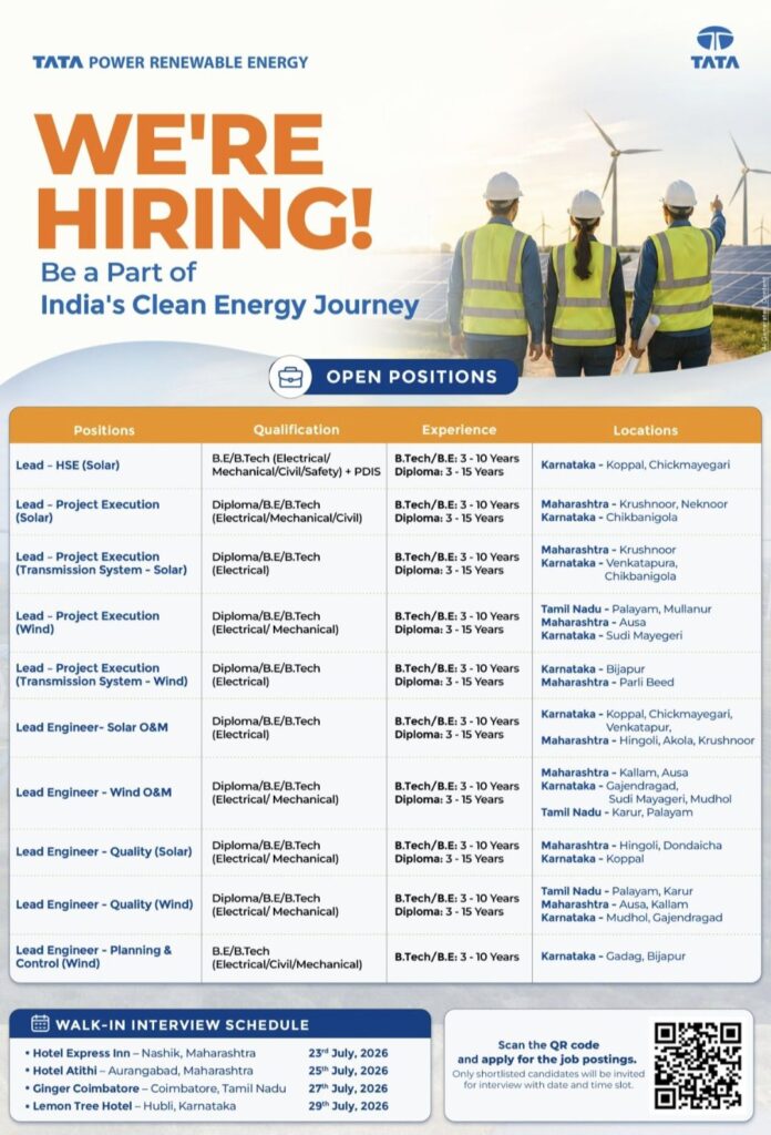 Tata Power Renewable Energy Recruitment – Walk-In Interview for Lead Engineers & Project Execution Roles | Apply Now
