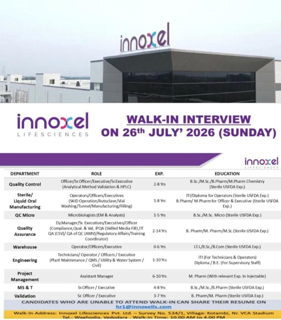 Innoxel Lifesciences Walk-In Interview| QC, QA, Manufacturing, Engineering & Warehouse Jobs | 26 July 2026