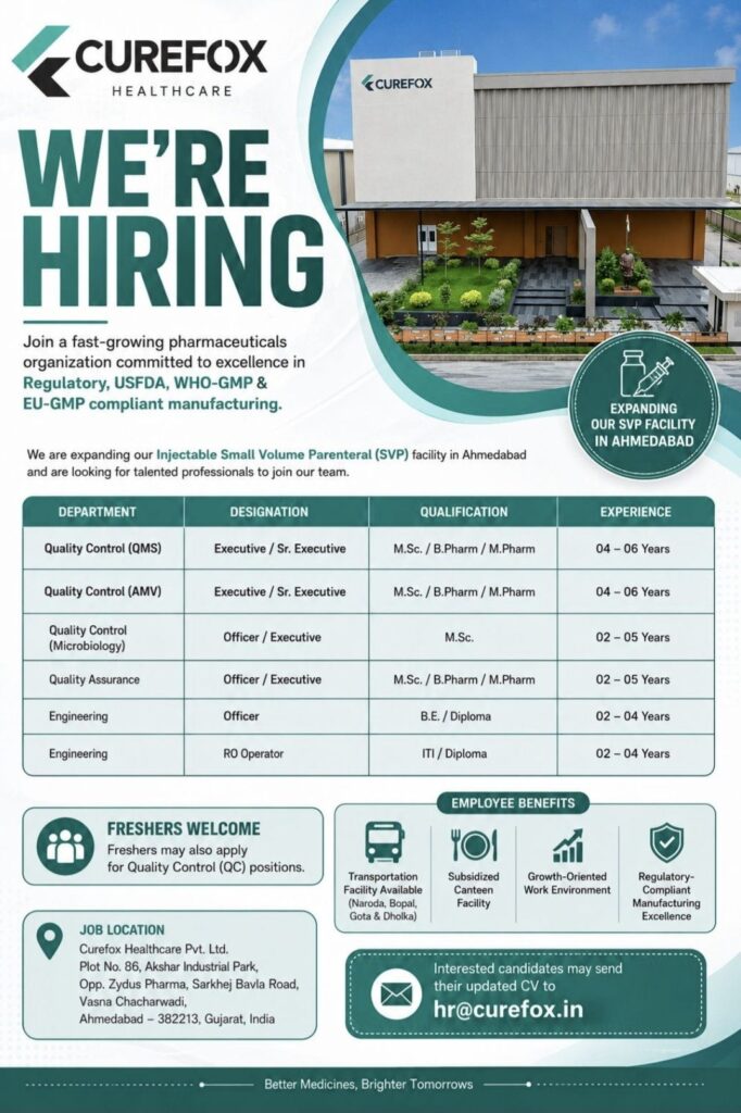 Curefox Healthcare Recruitment – QC, QA & Engineering Jobs in Ahmedabad | Freshers Can Apply