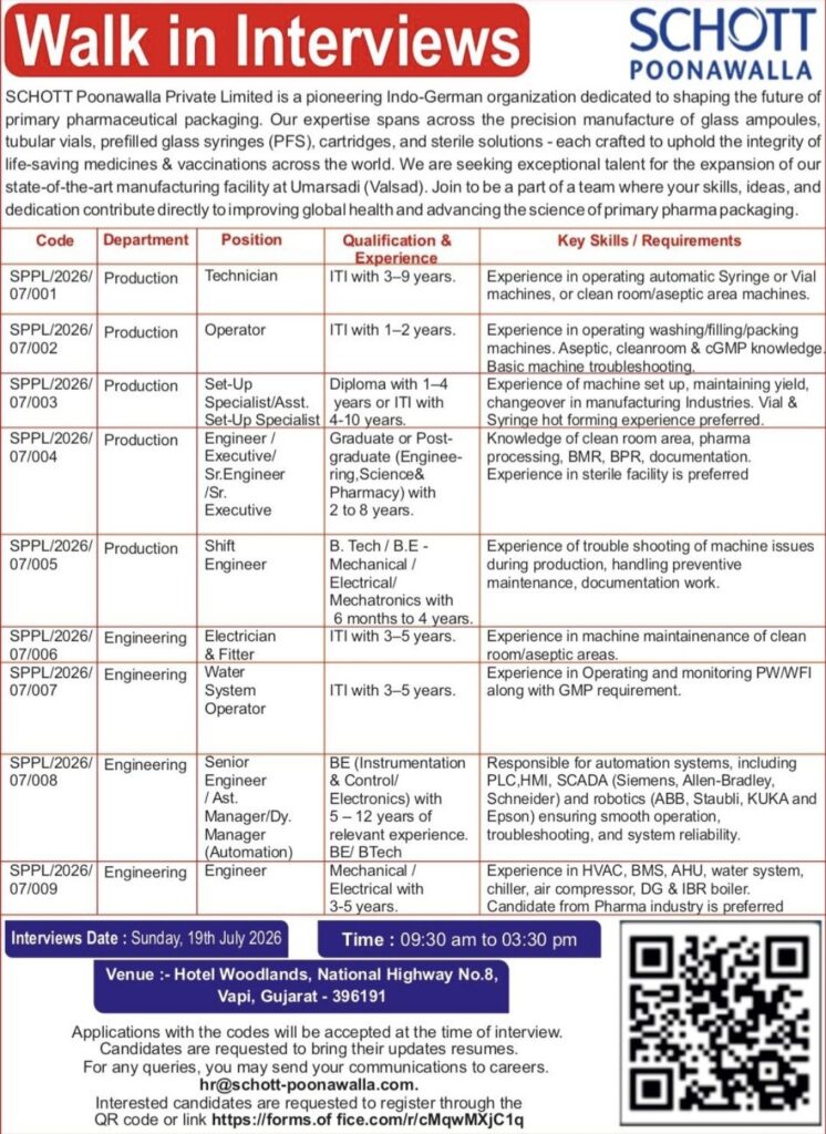 SCHOTT Poonawalla Walk-In Interview| Production & Engineering Jobs in Valsad, Gujarat