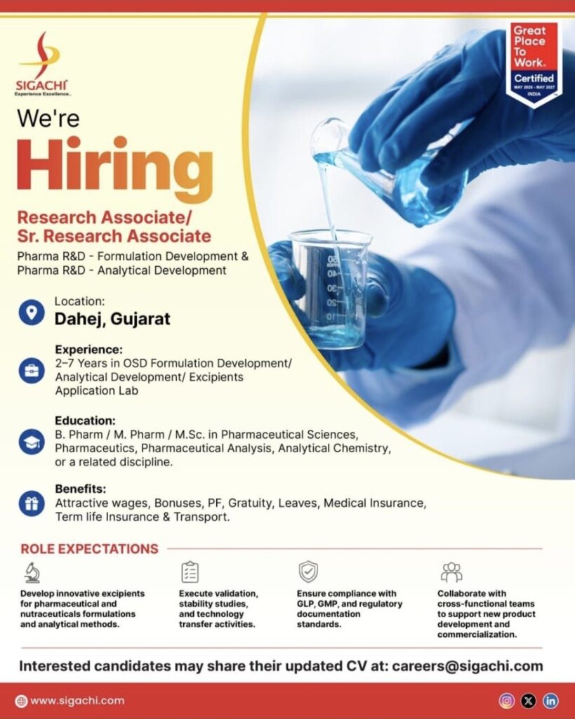 Sigachi Industries Hiring: Research Associate / Sr. Research Associate – Pharma R&D | Apply Now