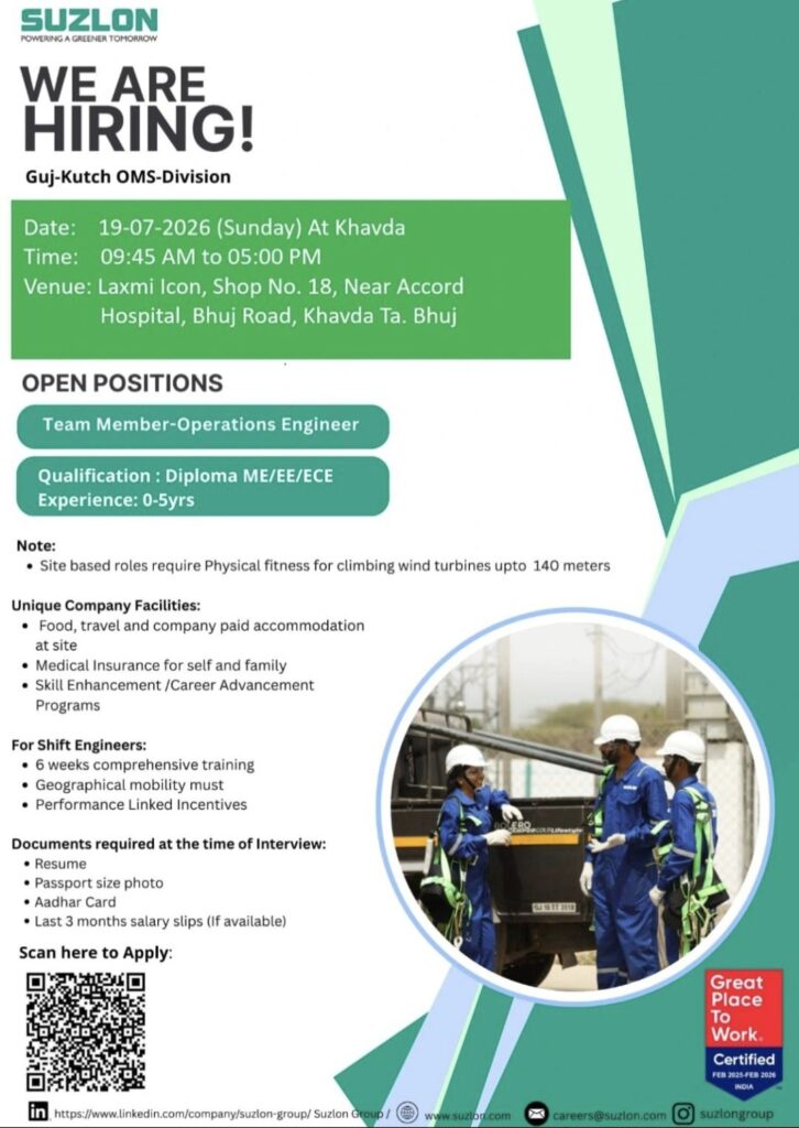 Suzlon Walk-in Interview| Operations Engineer Jobs in Gujarat | Diploma Freshers & Experienced