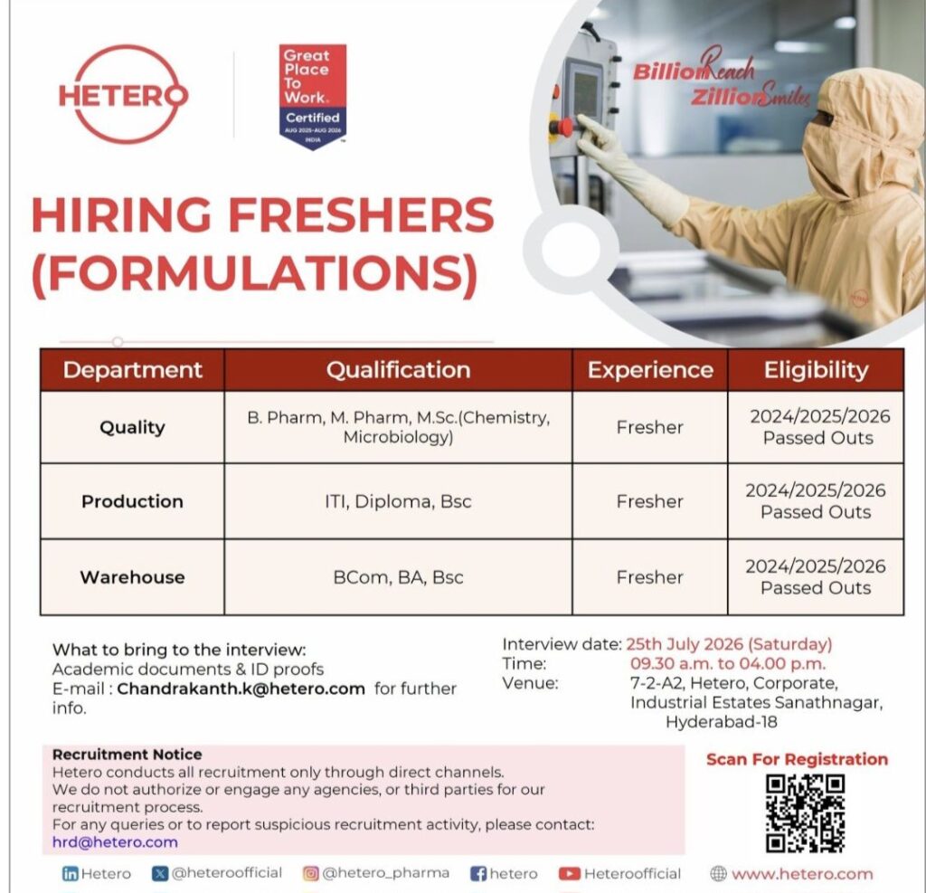 Hetero Hiring Freshers (Formulations)| Walk-In Interview for Quality, Production & Warehouse