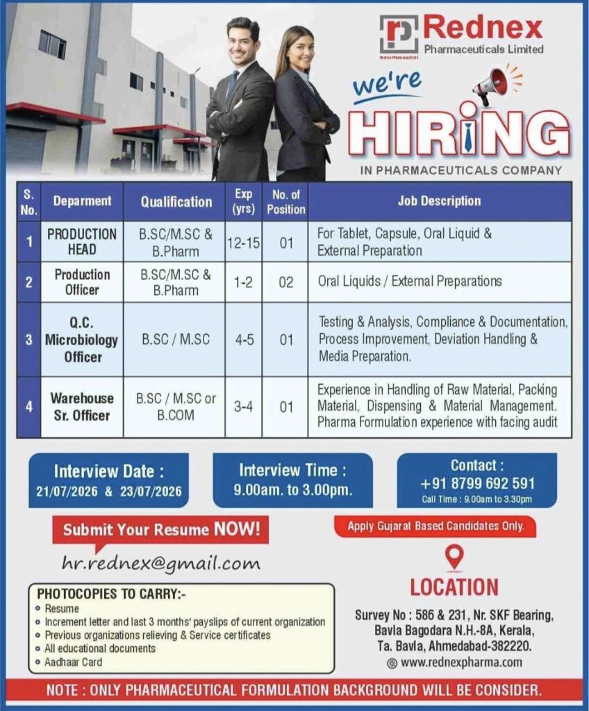 Rednex Pharmaceuticals Limited Recruitment | Production, QC Microbiology & Warehouse Jobs | Apply Now