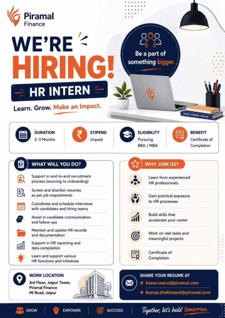 Piramal Finance HR Intern Recruitment | Apply for HR Internship in Jaipur