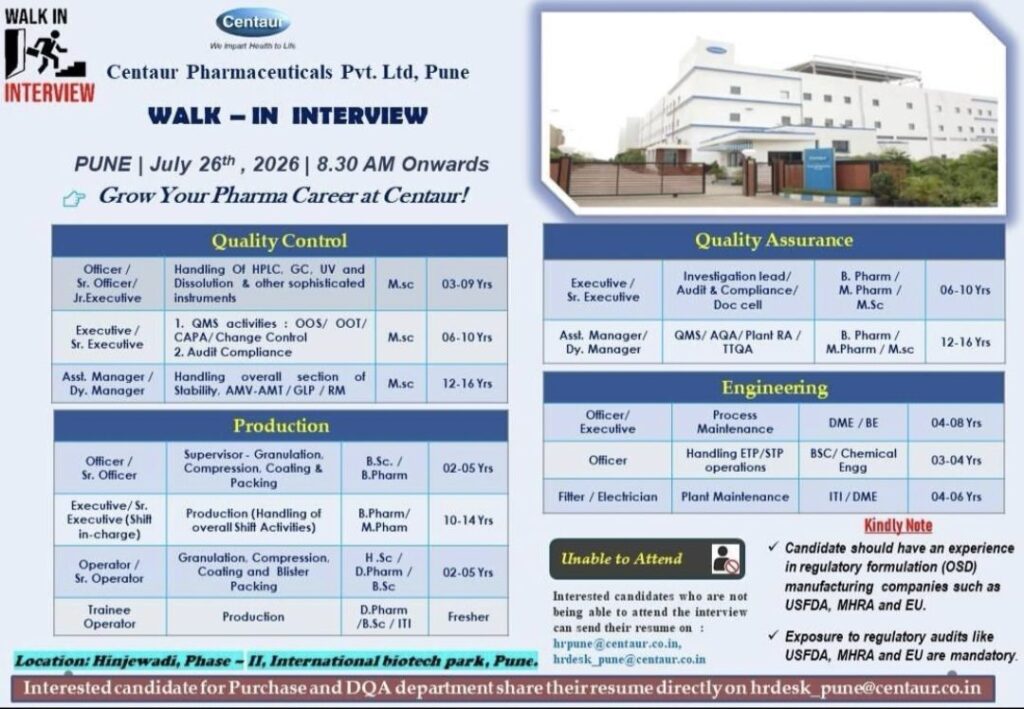 Centaur Pharmaceuticals Pvt. Ltd. Walk-in Interview| QA, QC, Production & Engineering Jobs in Pune