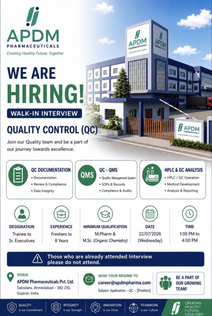 APDM Pharmaceuticals Walk-In Interview| Quality Control (QC) Jobs for Freshers & Experienced Candidates