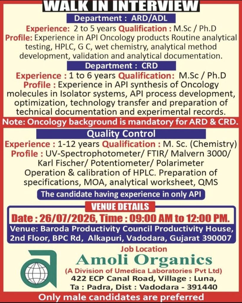 Amoli Organics Walk-in Interview| ARD/ADL, CRD & Quality Control Hiring | M.Sc / Ph.D | Walk-in on 26 July 2026