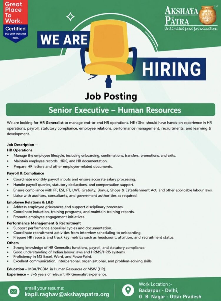 Akshaya Patra Foundation Recruitment| Senior Executive – Human Resources | Apply Now