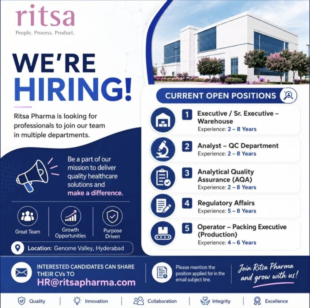 Ritsa Pharma Recruitment| Executive, QC Analyst, AQA, Regulatory Affairs & Packing Executive Jobs in Hyderabad