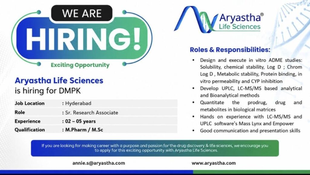 Aryastha Life Sciences Recruitment| Hiring Sr. Research Associate – DMPK | M.Pharm/M.Sc | Hyderabad