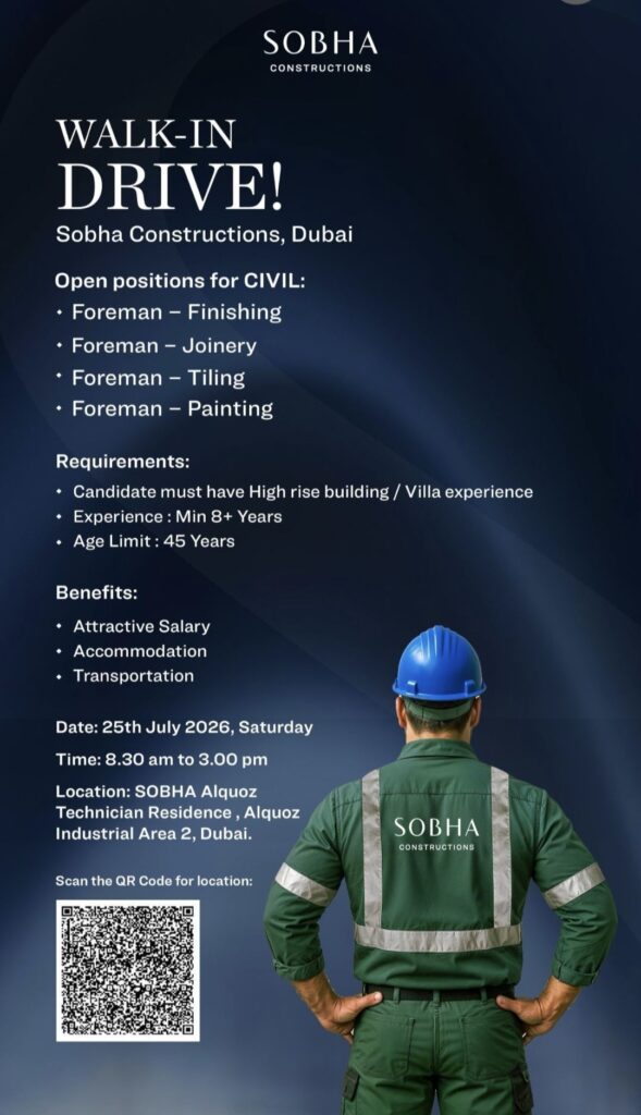 Sobha Constructions Dubai Walk-In Drive| Foreman Jobs for Civil Department | Apply on 25 July 2026