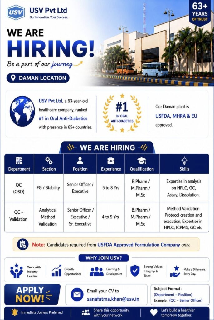 USV Pvt Ltd Recruitment| QC (OSD) & QC Validation Hiring at Daman | Apply Now