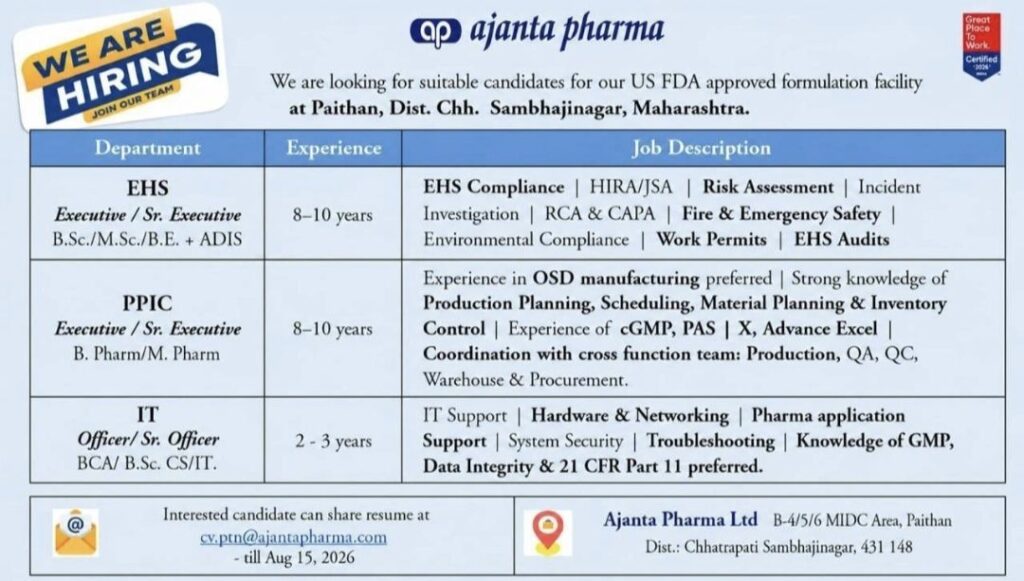 Ajanta Pharma Recruitment| Hiring for EHS, PPIC & IT Departments | Apply Before 15 August 2026