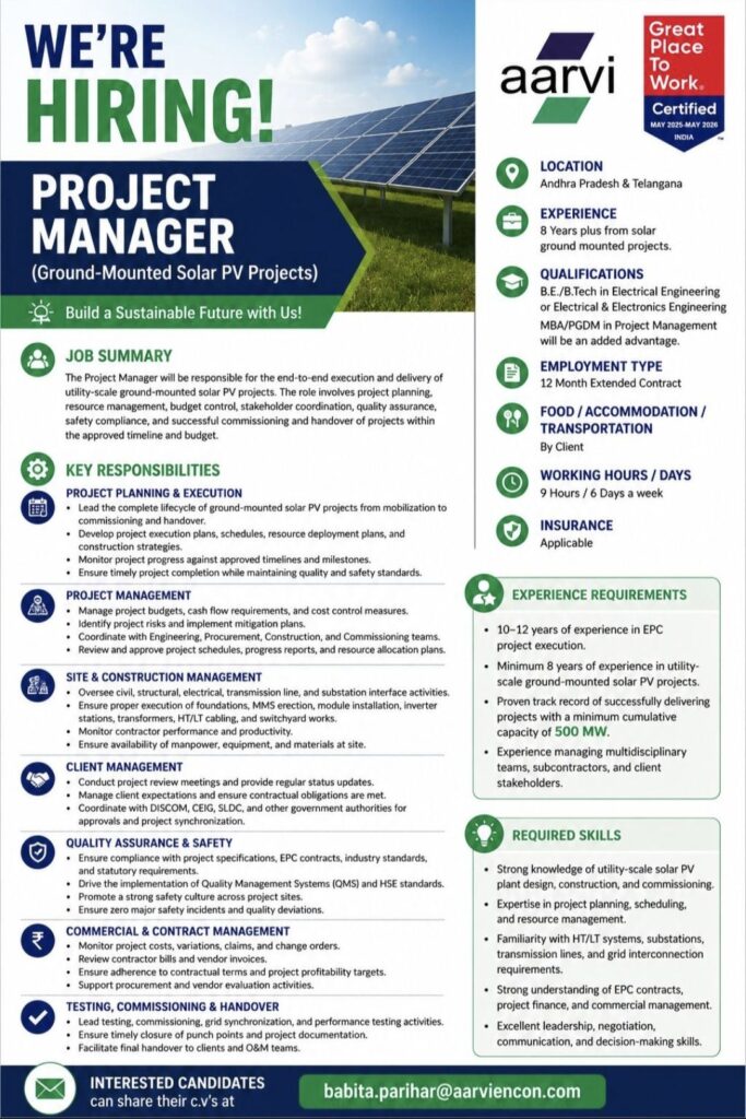 Aarvi Encon Project Manager Recruitment| Ground-Mounted Solar PV Projects | Apply Now