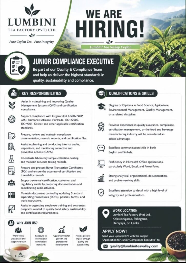Lumbini Tea Factory (Pvt) Ltd Recruitment| Junior Compliance Executive | Apply Now