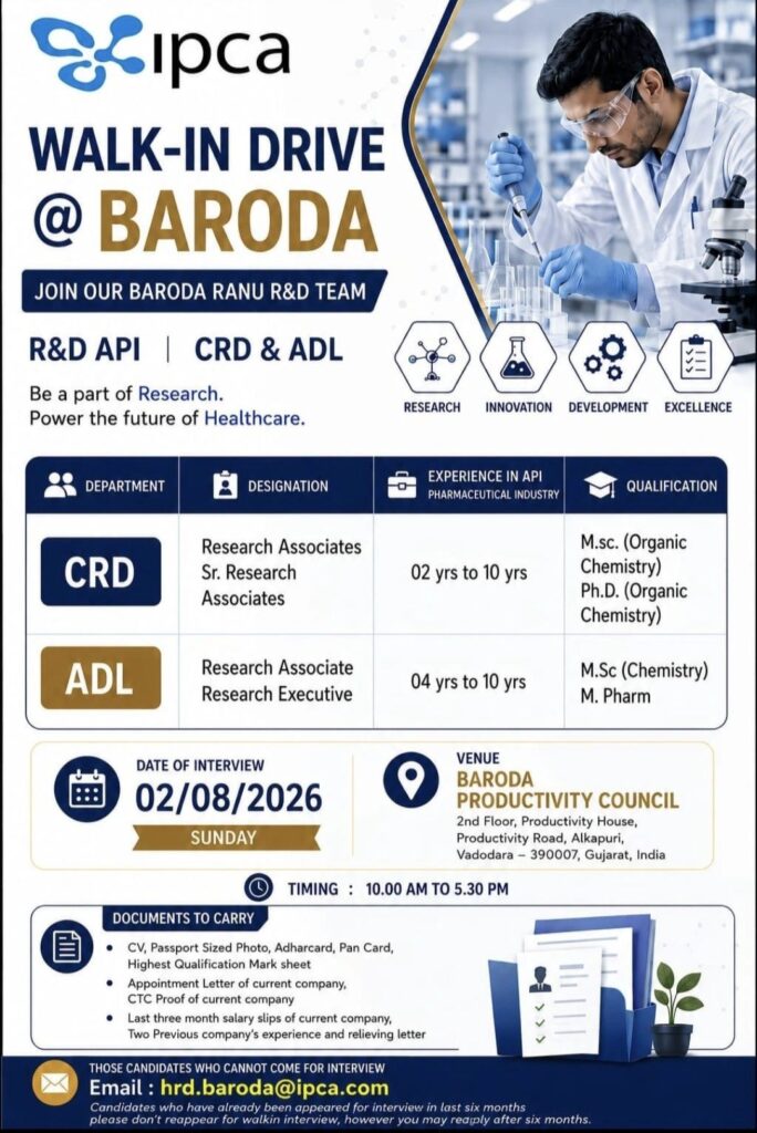 Ipca Laboratories Walk-in Drive for R&D API | CRD & ADL | Research Associate Jobs in Baroda