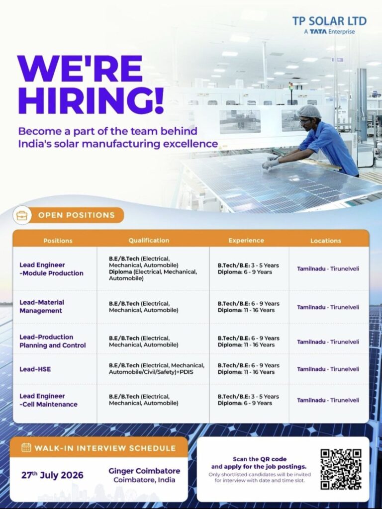 TP Solar Ltd Walk-in Interview| Lead Engineer & Production Jobs | Walk-in on 27th July 2026