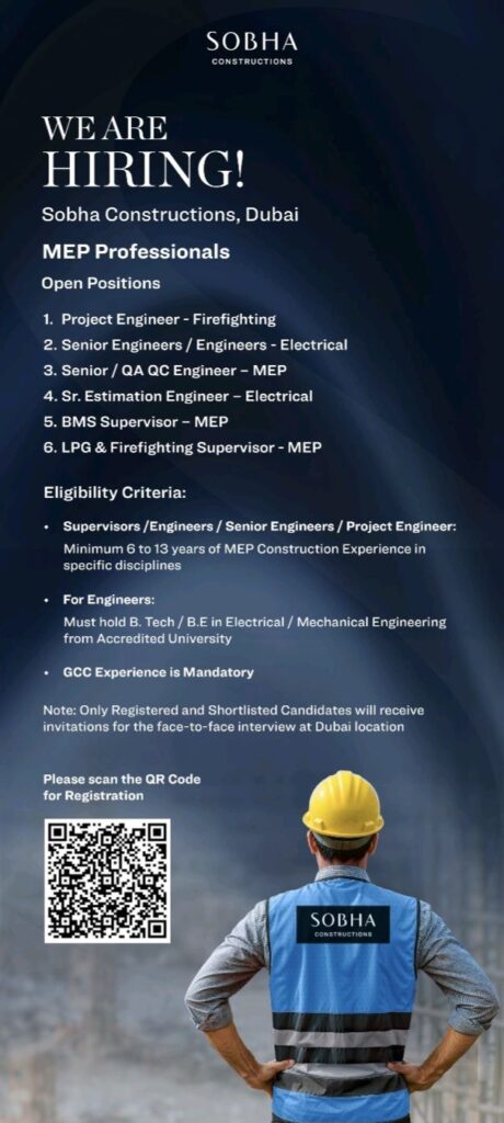 Sobha Constructions Dubai Recruitment– MEP Professionals Hiring | Apply for Engineering & Supervisor Jobs