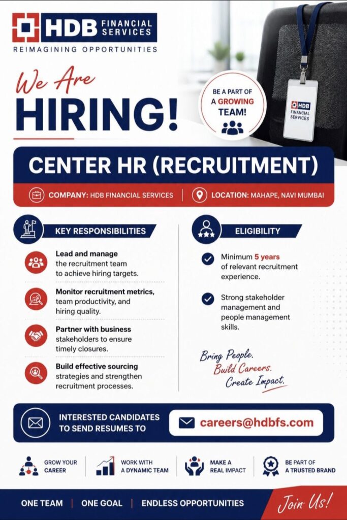 HDB Financial Services Recruitment – Center HR (Recruitment) Vacancy | Apply via Email