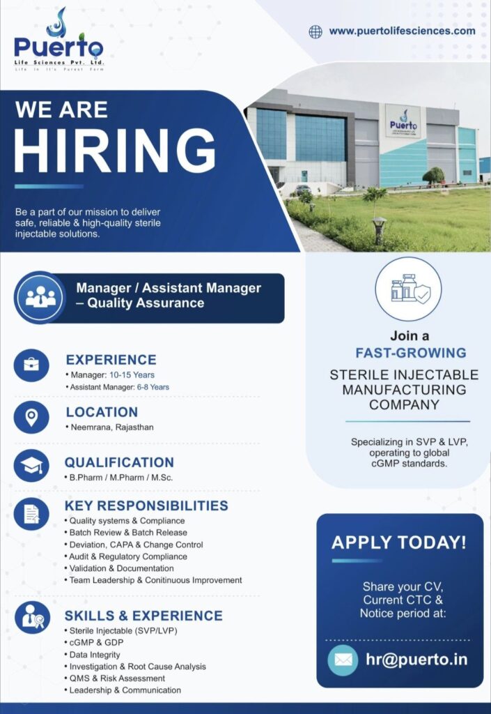 Puerto Life Sciences Recruitment– Manager / Assistant Manager – Quality Assurance | Apply Now