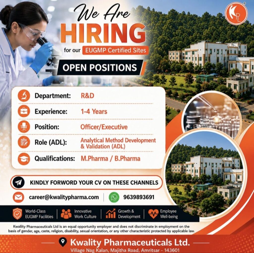 Kwality Pharmaceuticals Ltd Recruitment| R&D (ADL) Officer/Executive Jobs for B.Pharm & M.Pharm