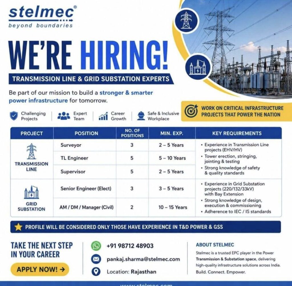 Stelmec Recruitment– Hiring Transmission Line & Grid Substation Experts | Apply Now