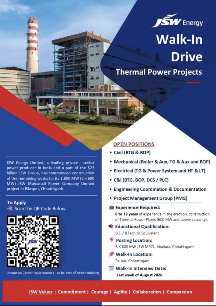 JSW Energy Walk-In Drive| Thermal Power Projects Recruitment | Civil, Mechanical, Electrical, C&I, PMG Jobs