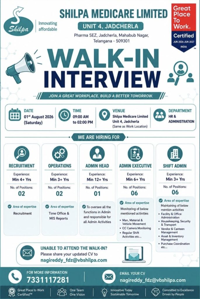 Shilpa Medicare Limited Walk-in Interview| HR & Administration Jobs | Recruitment, Operations, Admin Executive & More
